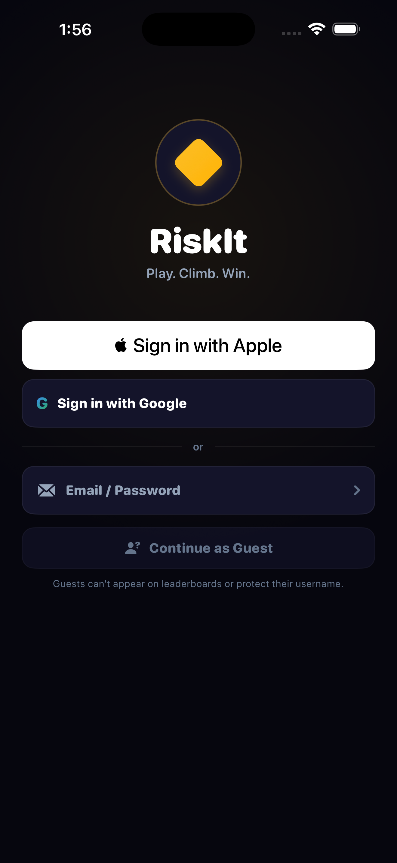 Sign-in screen — gold diamond brand mark, RiskIt wordmark, four sign-in options