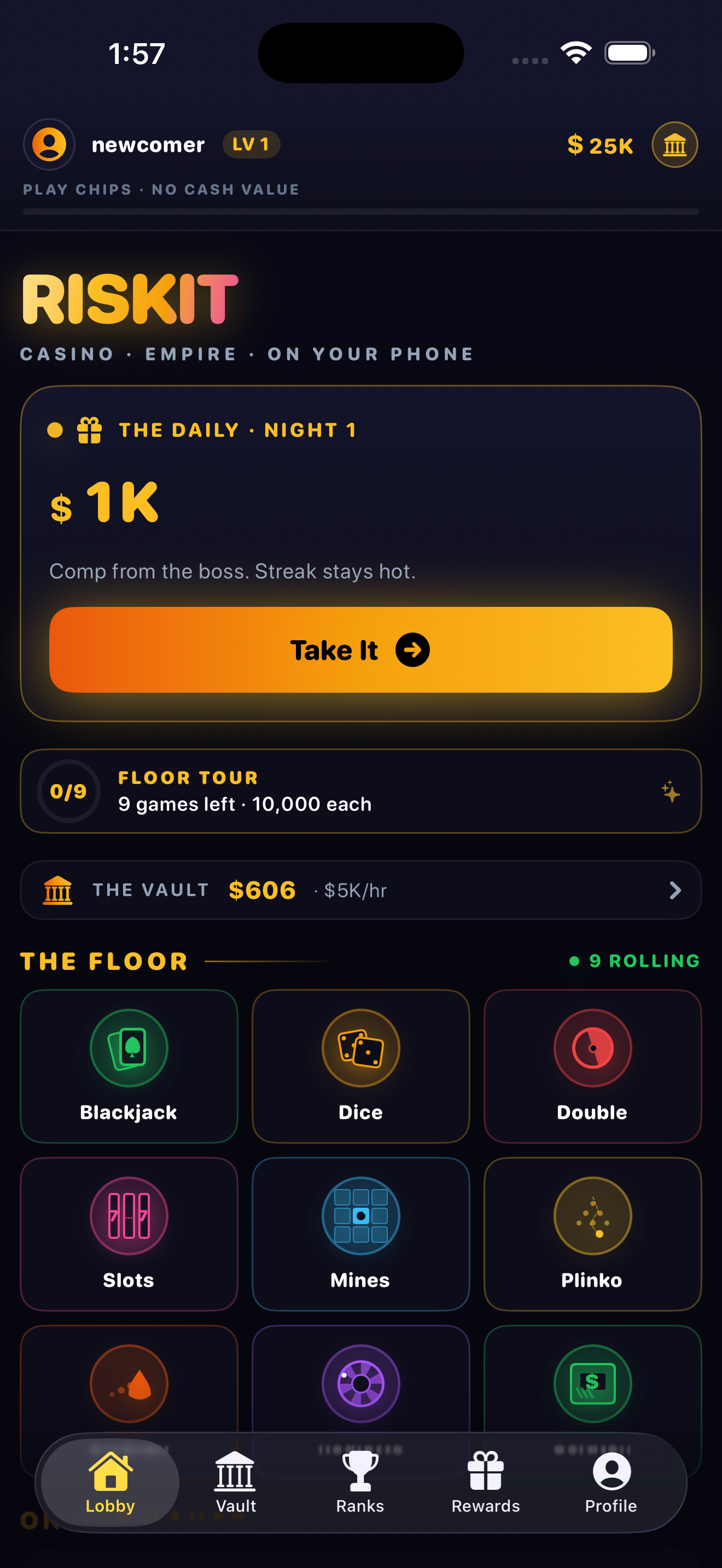RiskIt iOS app — Lobby tab with the RISKIT wordmark, daily drop hero card, and game grid