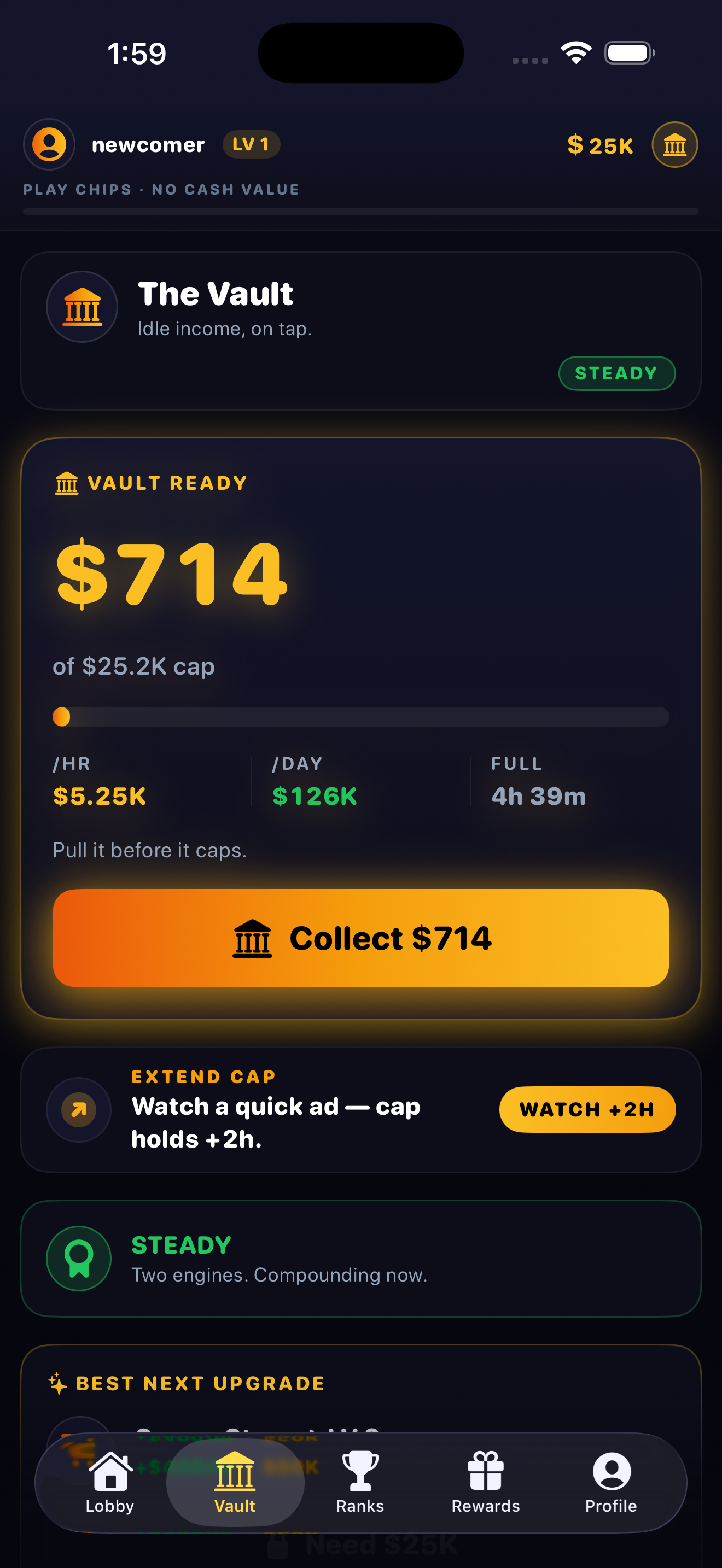 Vault tab — $714 of $25.2K cap, 4h 39m to full, EXTEND CAP rewarded-ad CTA below