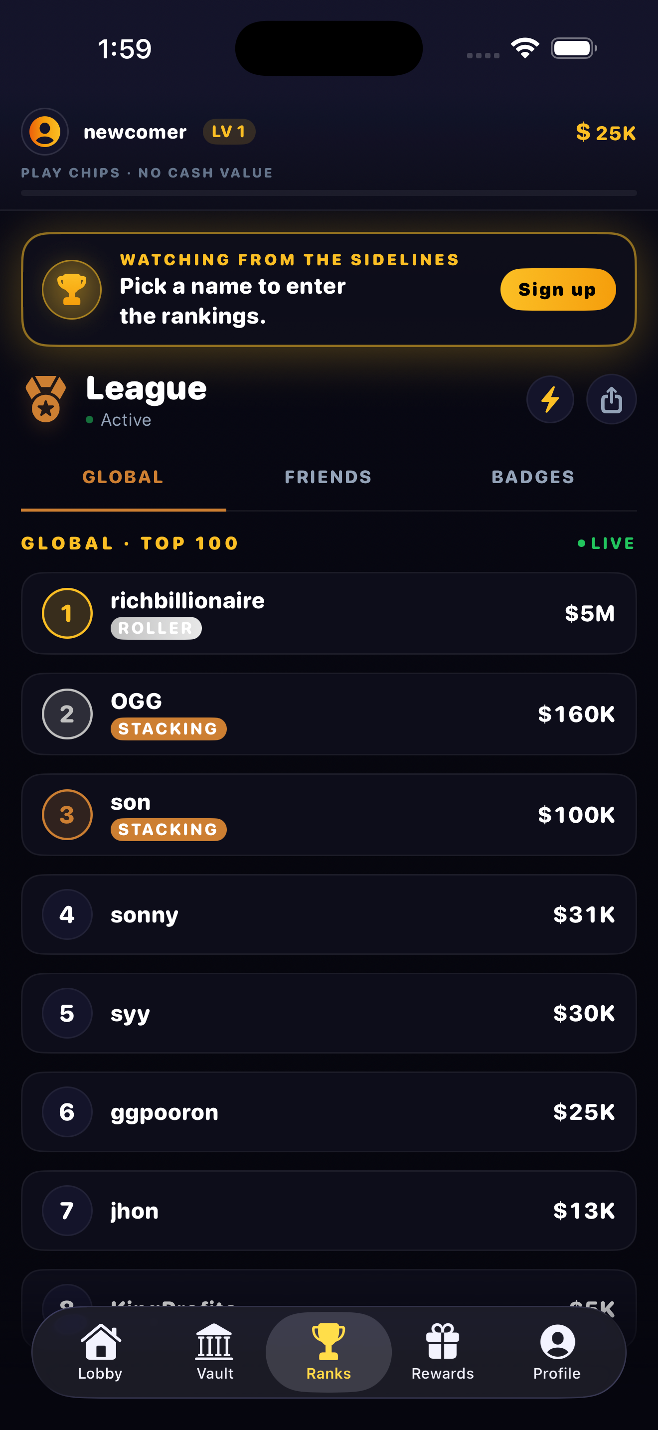 Global leaderboard — top players from $5M down, your row outlined