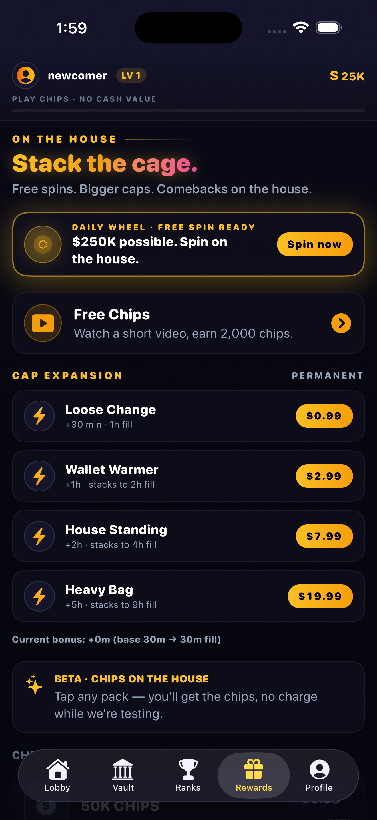 Rewards tab — Daily Wheel free spin, Free Chips ad CTA, four Cap Expander IAP tiers