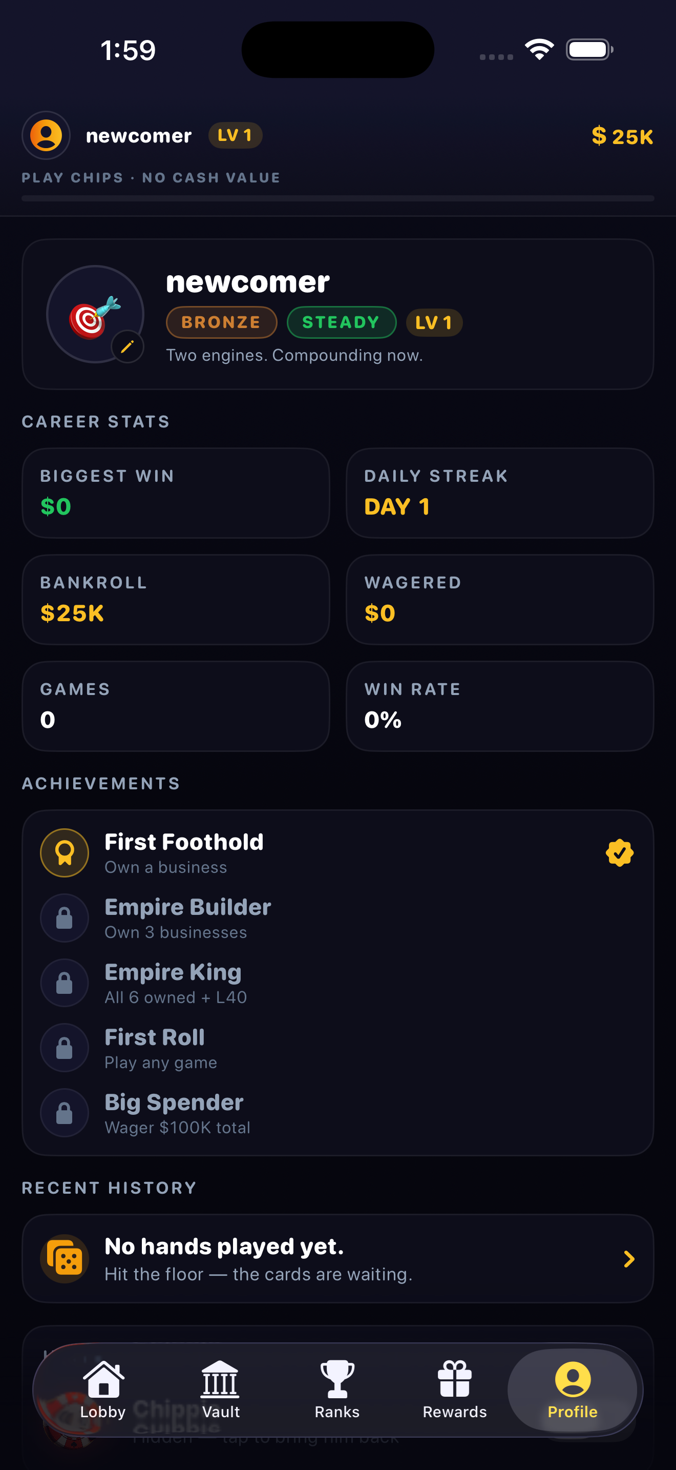 Profile — Career Stats grid (biggest win, daily streak, bankroll, wagered, games, win rate) and achievements list